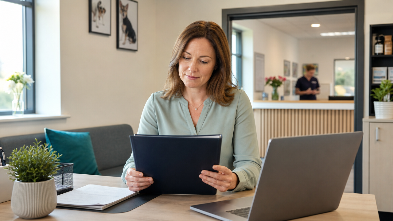 A compliance lead working confidently with a tablet and laptop at her desk