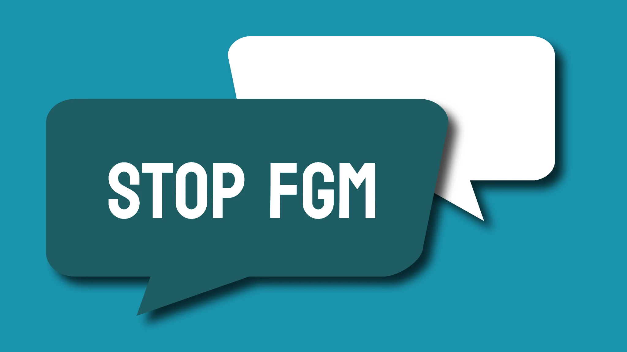 Illustrated speech bubbles on a teal background displaying the words "Stop FGM", symbolising awareness and prevention of female genital mutilation.